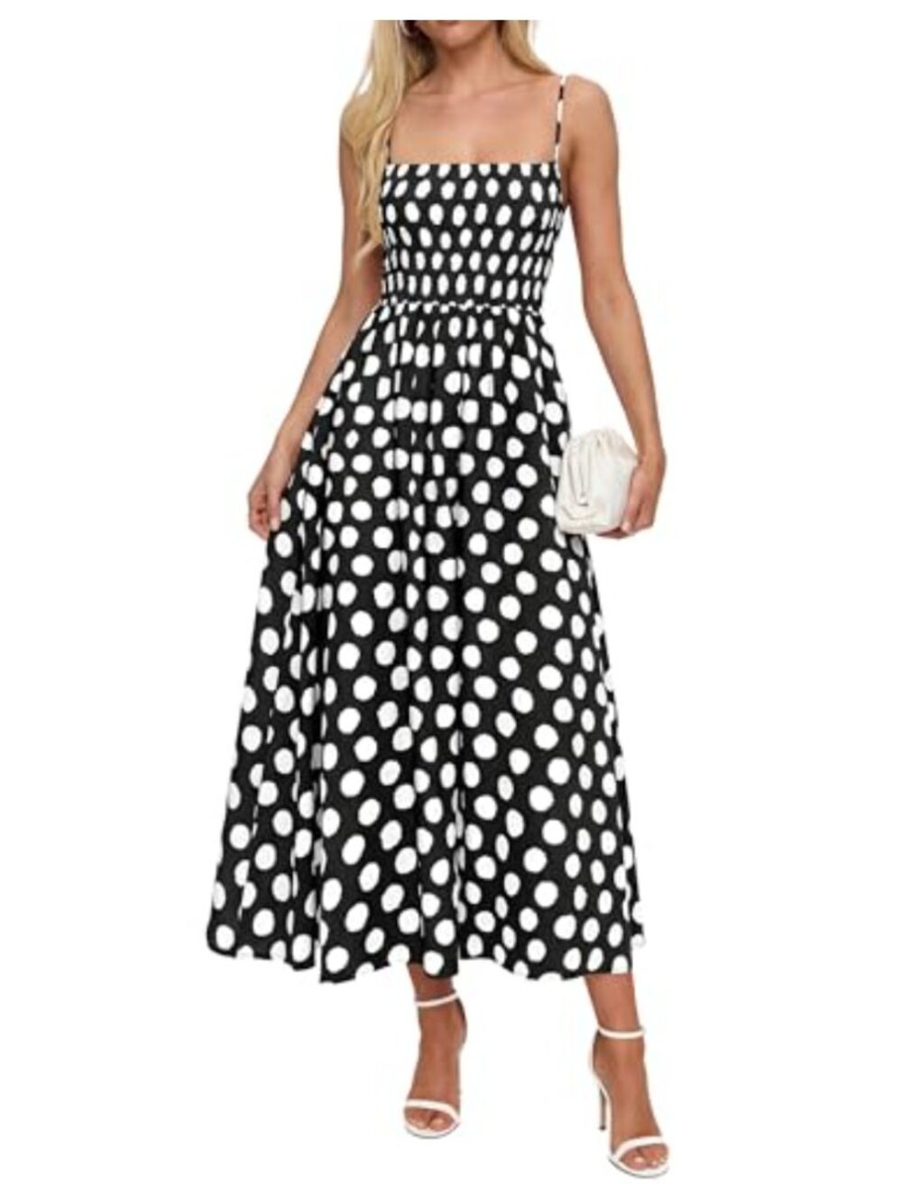 Sleeveless Smocked Polka Dot Boho Midi Dress with Pockets